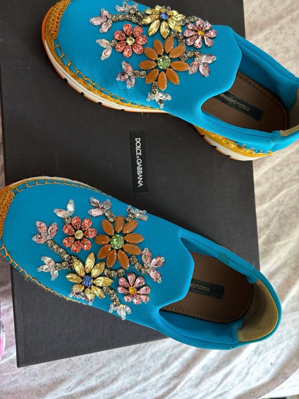Dolce & Gabbana Turquoise Jeweled Floral Slip-On Moccasins